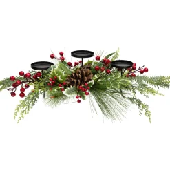 Holly and Berries Christmas Pillar Candle Holder with Pine Cones - 28"