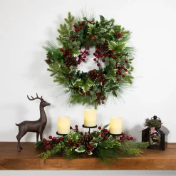 Holly and Berries Christmas Pillar Candle Holder with Pine Cones - 28"