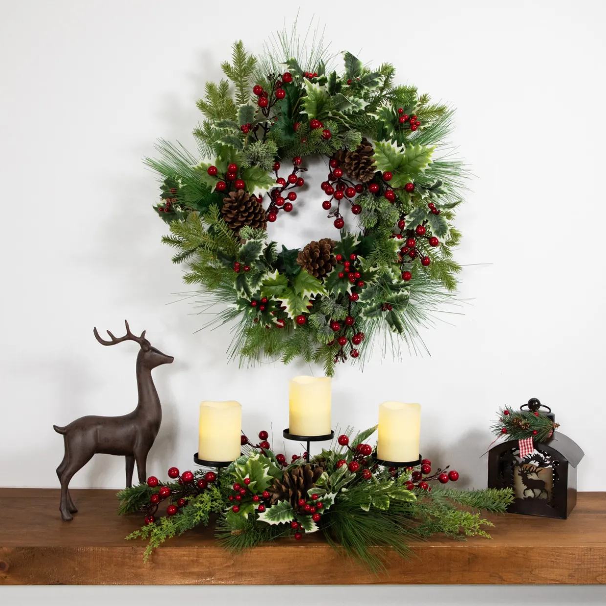 Holly and Berries Christmas Pillar Candle Holder with Pine Cones - 28"