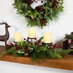 Holly and Berries Christmas Pillar Candle Holder with Pine Cones - 28