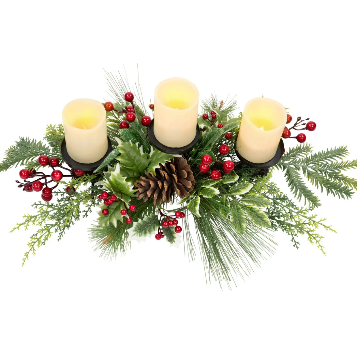 Holly and Berries Christmas Pillar Candle Holder with Pine Cones - 28"