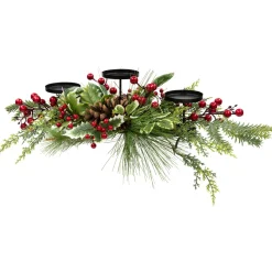 Holly and Berries Christmas Pillar Candle Holder with Pine Cones - 28