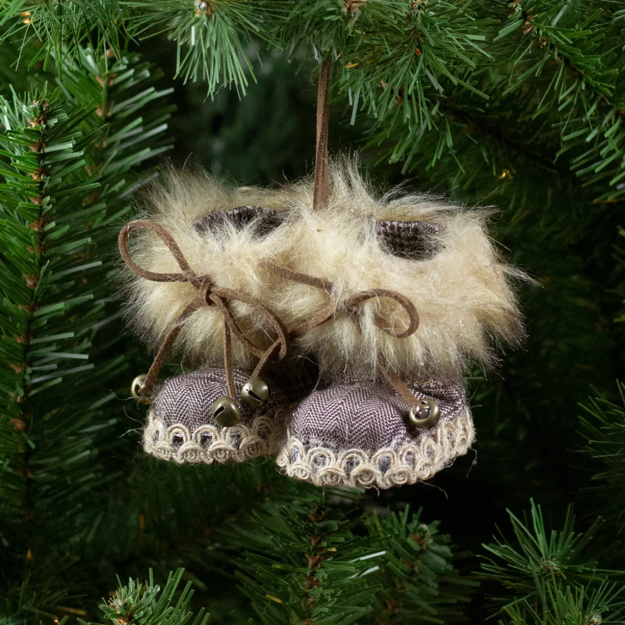 Houndstooth Booties with Faux Fur Trim Christmas Ornament - 3"