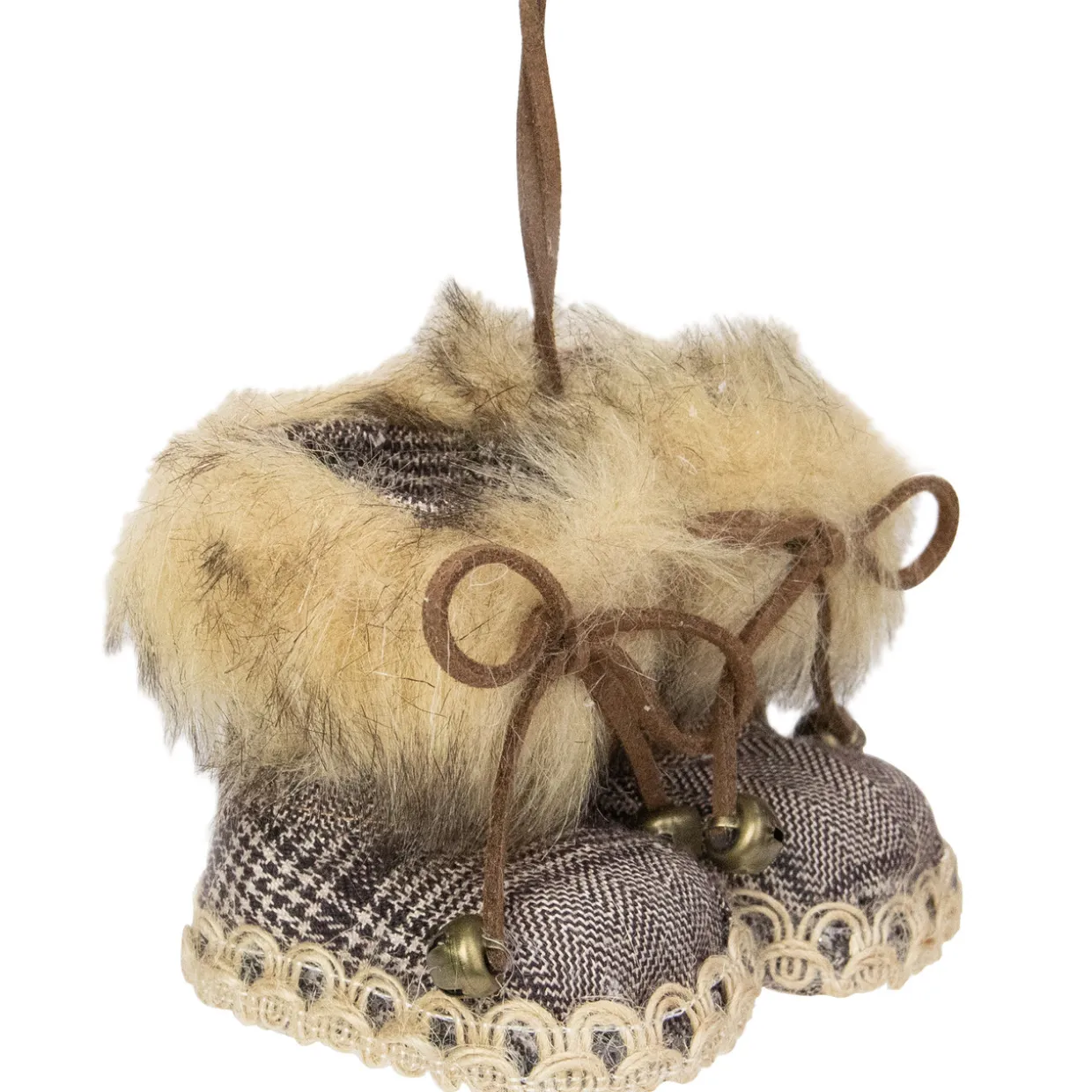 Houndstooth Booties with Faux Fur Trim Christmas Ornament - 3"
