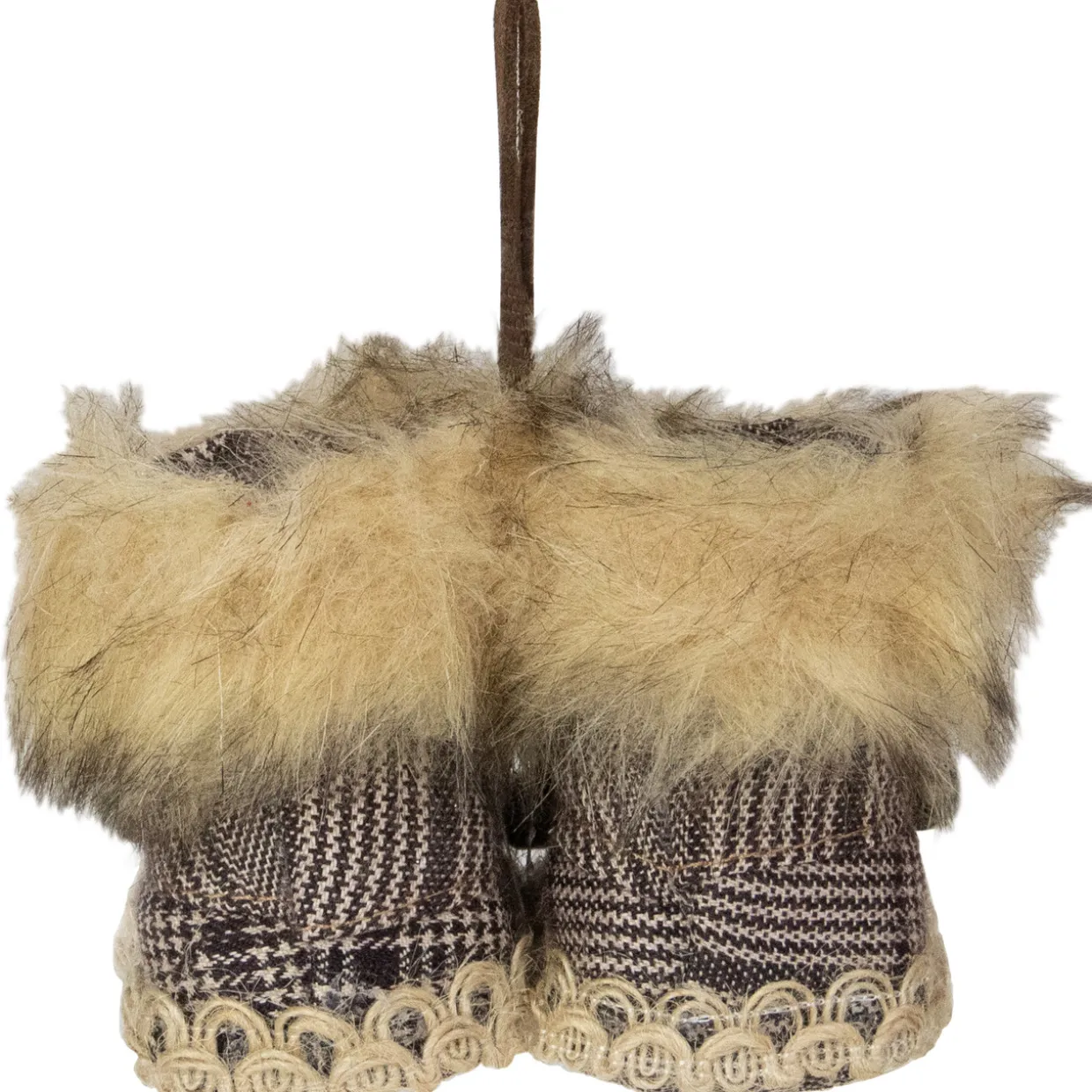 Houndstooth Booties with Faux Fur Trim Christmas Ornament - 3"