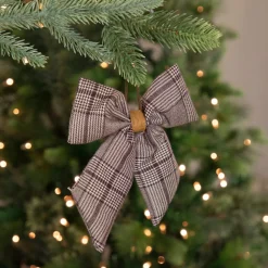 Houndstooth Plaid Bow Christmas Ornament - 7.5" - Brown and Cream