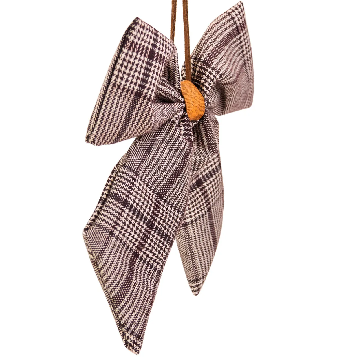 Houndstooth Plaid Bow Christmas Ornament - 7.5" - Brown and Cream