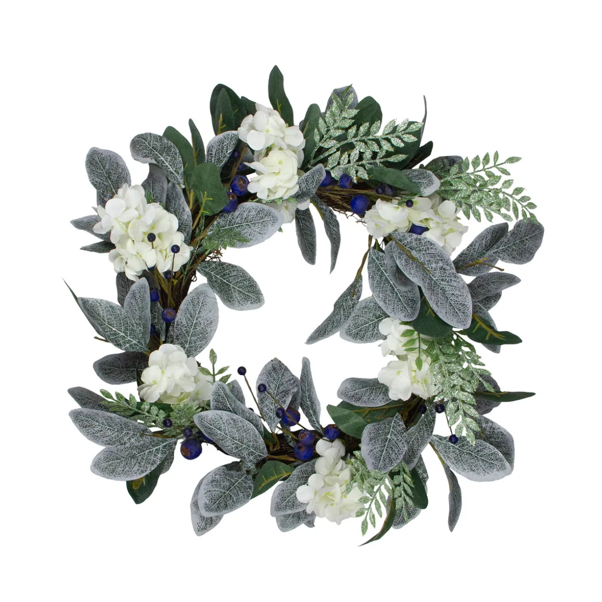 Iced Hydrangeas, Blueberries, and Foliage Artificial Christmas Wreath - 26 Inch, Unlit