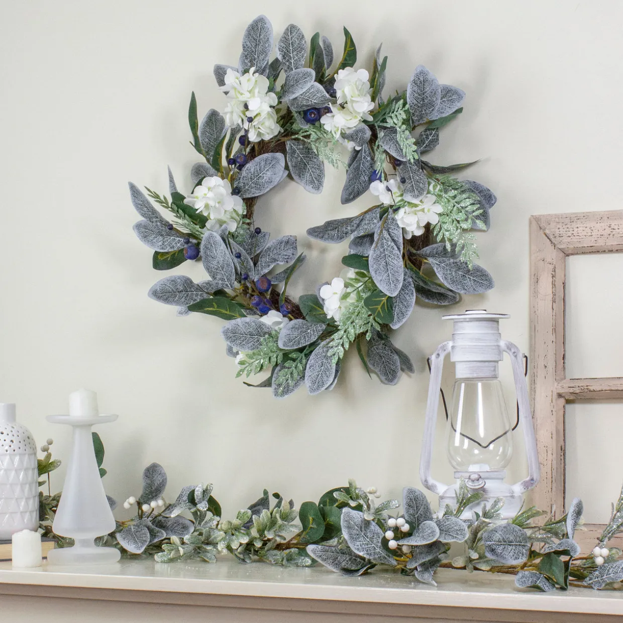 Iced Hydrangeas, Blueberries, and Foliage Artificial Christmas Wreath - 26 Inch, Unlit