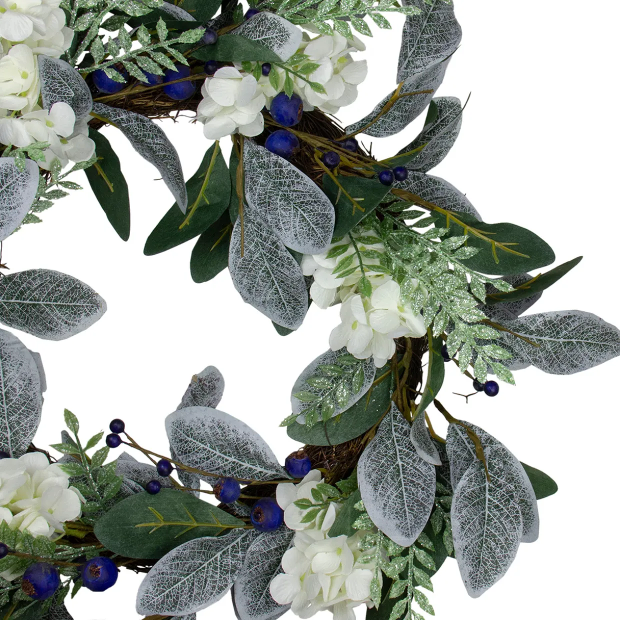 Iced Hydrangeas, Blueberries, and Foliage Artificial Christmas Wreath - 26 Inch, Unlit