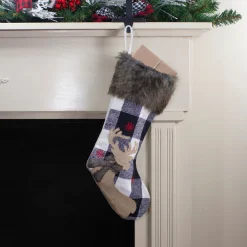 18-Inch Black and White Buffalo Plaid Burlap Reindeer Christmas Stocking