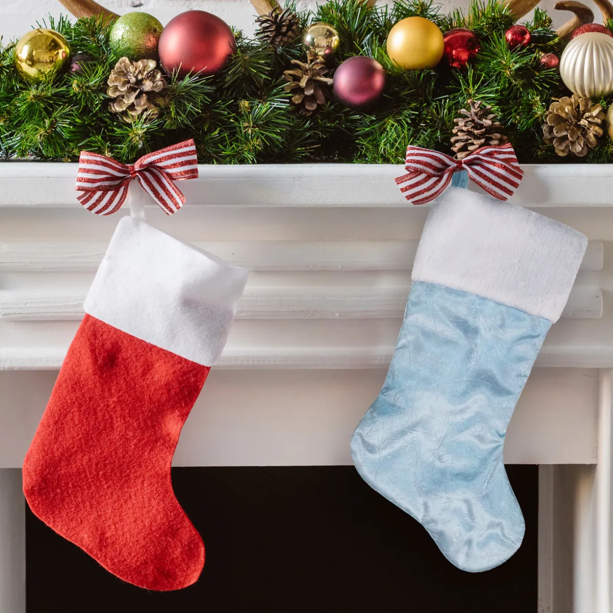 20.5-Inch Blue and White Sheer Organza Christmas Stocking with Faux Fur Cuff