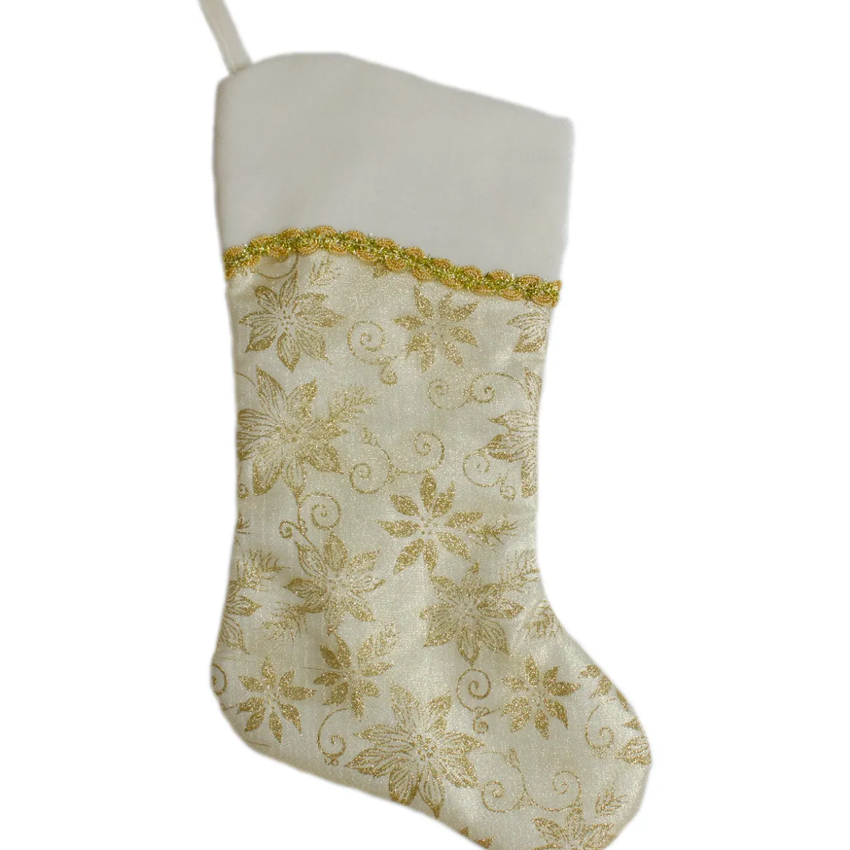 20.5-Inch Gold and White Glitter Poinsettia Christmas Stocking With a Velvet Cuff