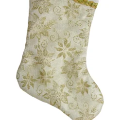 20.5-Inch Gold and White Glitter Poinsettia Christmas Stocking With a Velvet Cuff
