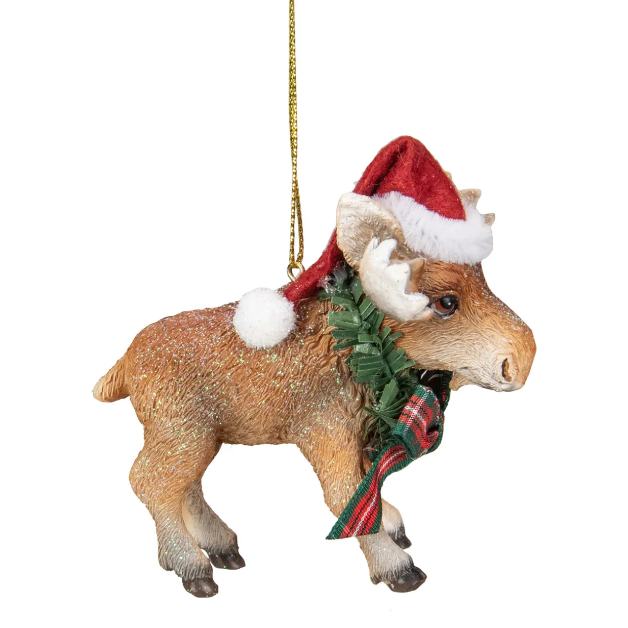 3.5-Inch Moose Wearing Santa Hat and Plaid Bow Christmas Ornament