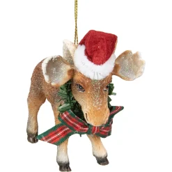 3.5-Inch Moose Wearing Santa Hat and Plaid Bow Christmas Ornament