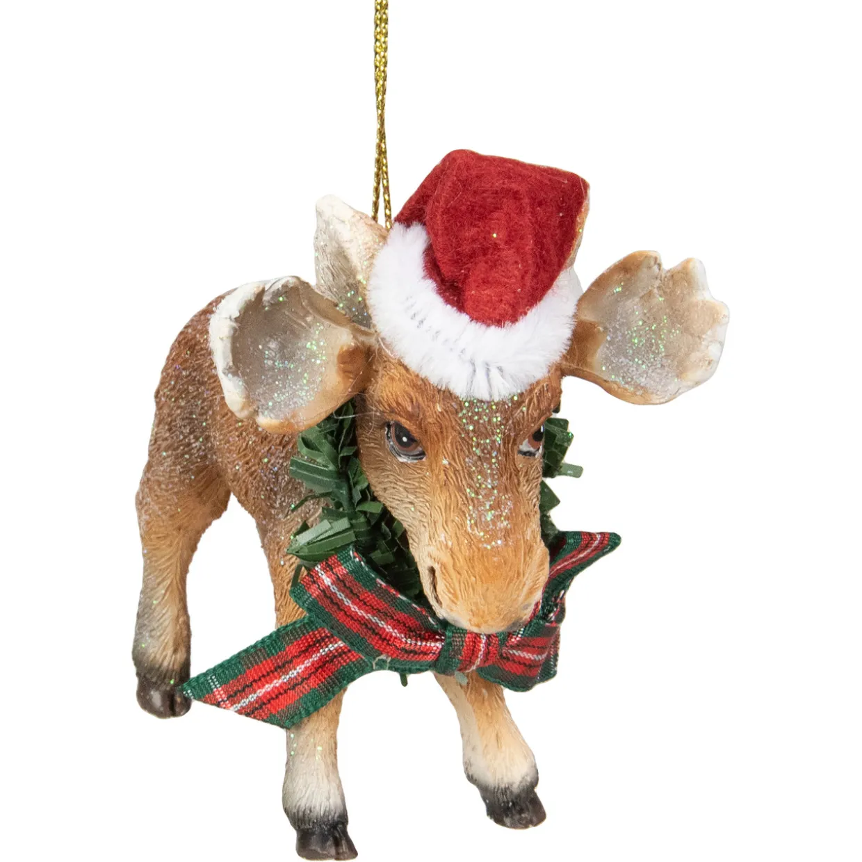 3.5-Inch Moose Wearing Santa Hat and Plaid Bow Christmas Ornament