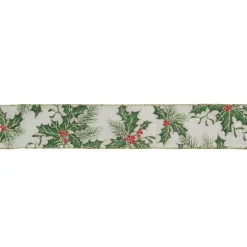 Ivory and Green Holly Leaves Christmas Wired Craft Ribbon 2.5" x 16 Yards