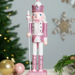 Jeweled and Glittered Nutcracker King Christmas Figure - 15" - Pink and White