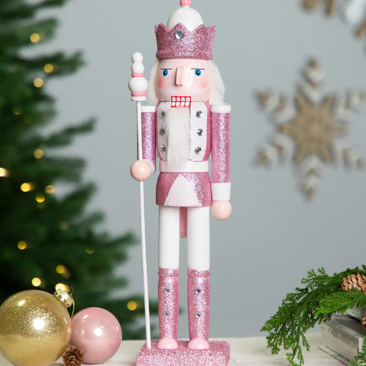Jeweled and Glittered Nutcracker King Christmas Figure - 15" - Pink and White