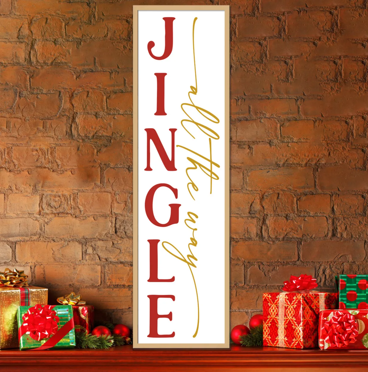 Jingle All The Way Tall 12.5" x 43.5" Framed Christmas Wall Decor Art Print Sign Poster in a Natural Wooden Frame with UV Acrylic and Hangers
