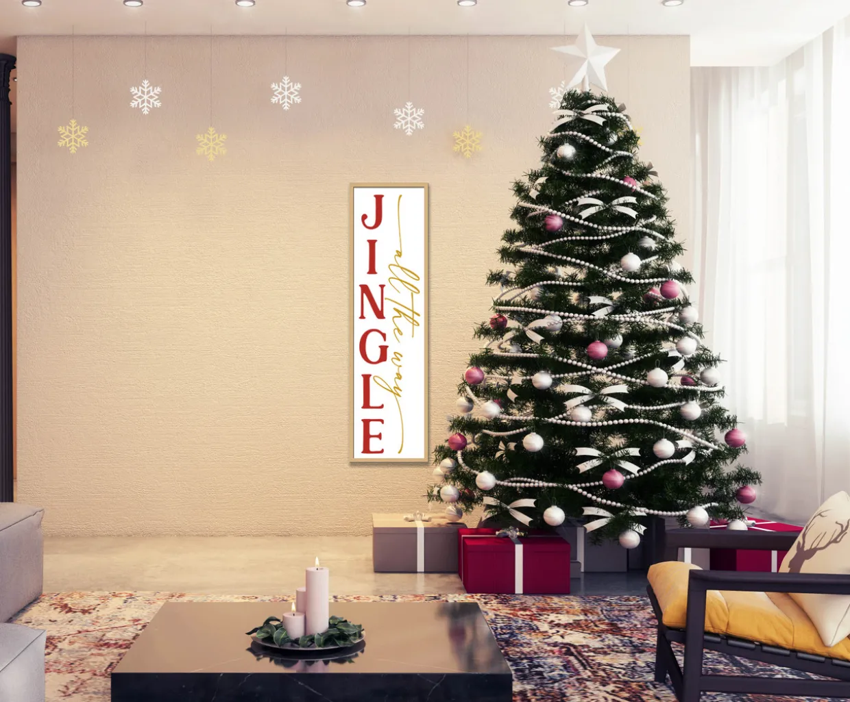 Jingle All The Way Tall 12.5" x 43.5" Framed Christmas Wall Decor Art Print Sign Poster in a Natural Wooden Frame with UV Acrylic and Hangers