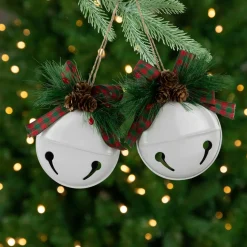 Jingle Bells with Bow and Pinecones Christmas Disc Ornaments - White - 5" - Set of 2