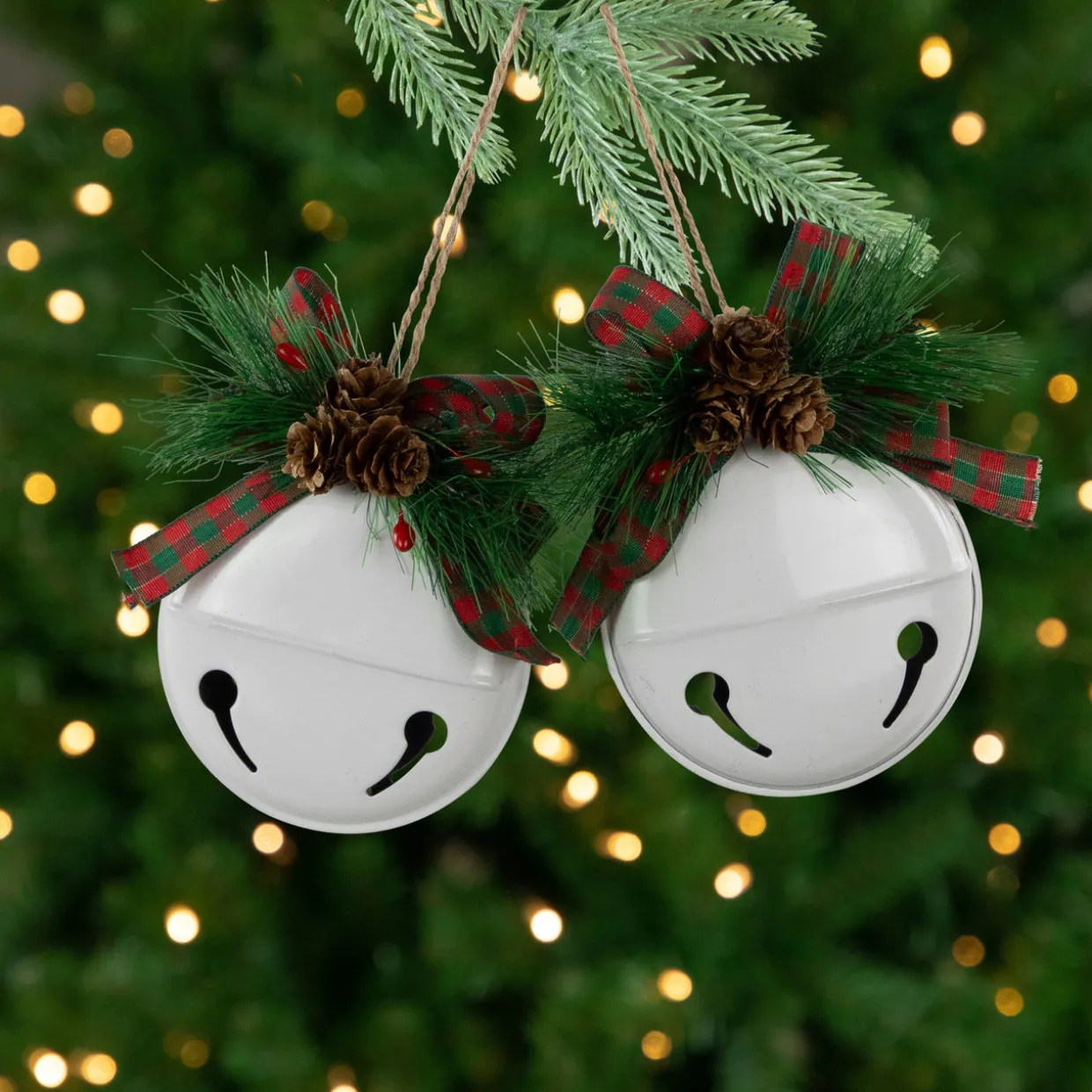 Jingle Bells with Bow and Pinecones Christmas Disc Ornaments - White - 5" - Set of 2