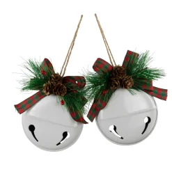 Jingle Bells with Bow and Pinecones Christmas Disc Ornaments - White - 5" - Set of 2