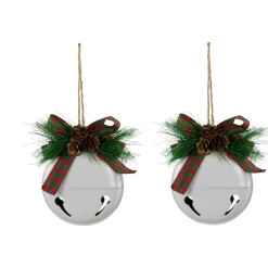 Jingle Bells with Bow and Pinecones Christmas Disc Ornaments - White - 5