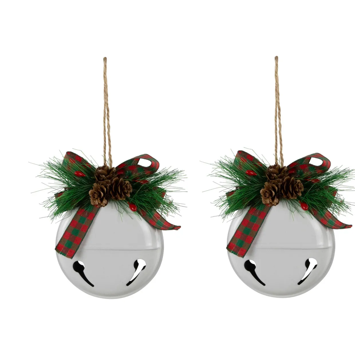 Jingle Bells with Bow and Pinecones Christmas Disc Ornaments - White - 5" - Set of 2