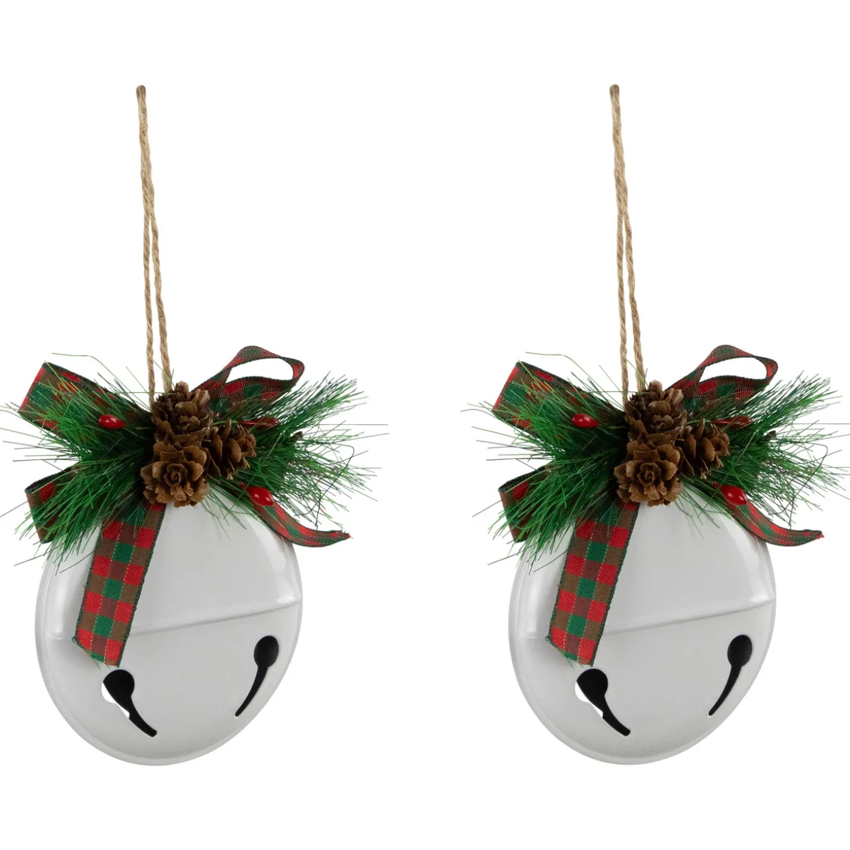 Jingle Bells with Bow and Pinecones Christmas Disc Ornaments - White - 5" - Set of 2