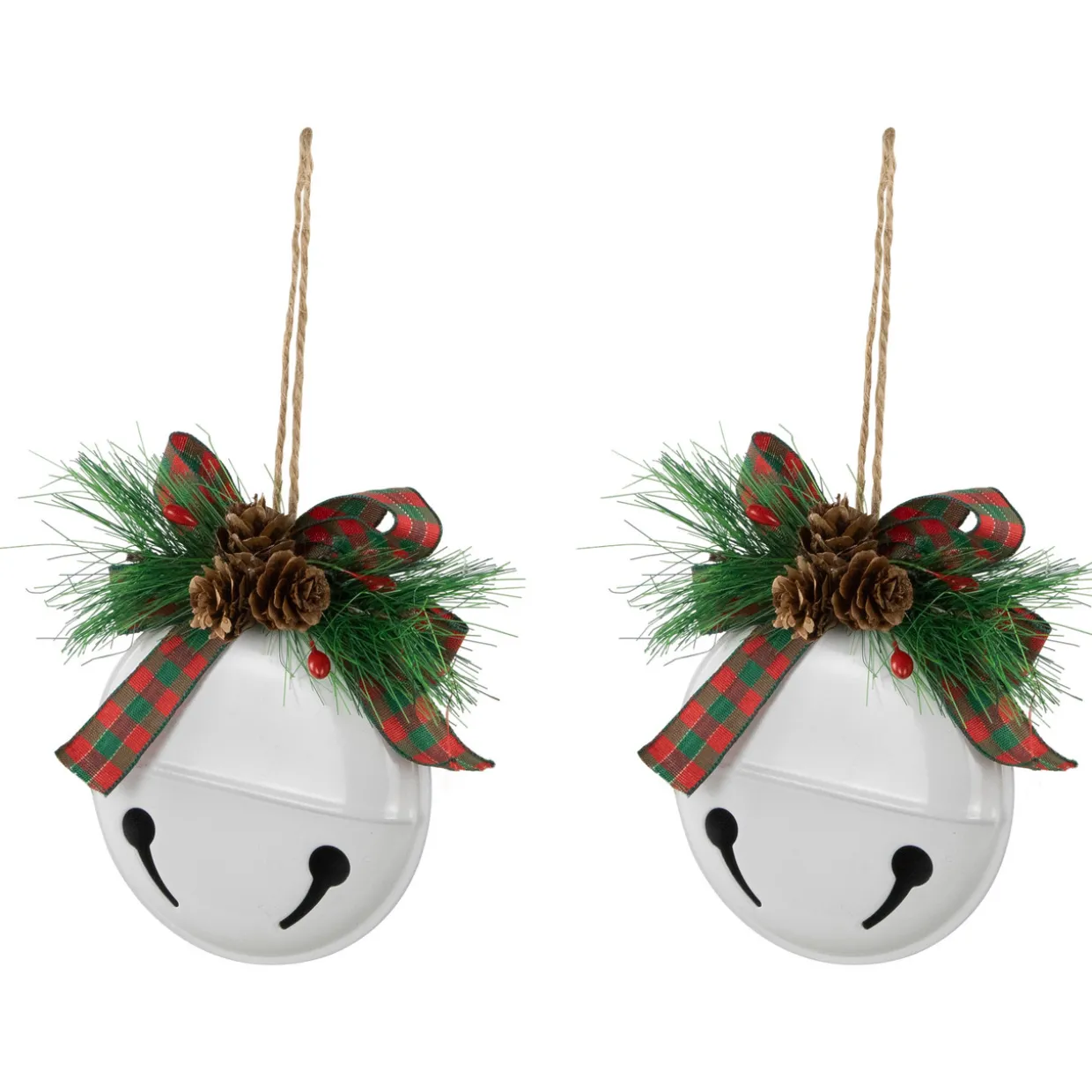 Jingle Bells with Bow and Pinecones Christmas Disc Ornaments - White - 5" - Set of 2