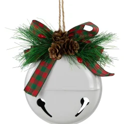 Jingle Bells with Bow and Pinecones Christmas Disc Ornaments - White - 5