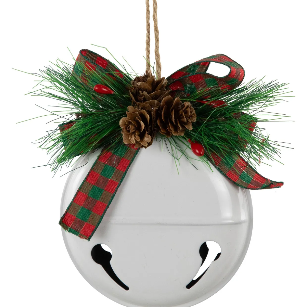 Jingle Bells with Bow and Pinecones Christmas Disc Ornaments - White - 5" - Set of 2