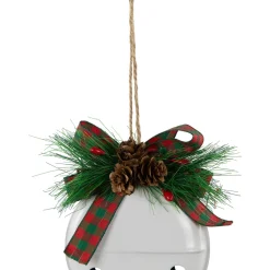 Jingle Bells with Bow and Pinecones Christmas Disc Ornaments - White - 5