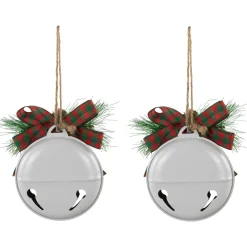 Jingle Bells with Bow and Pinecones Christmas Disc Ornaments - White - 5