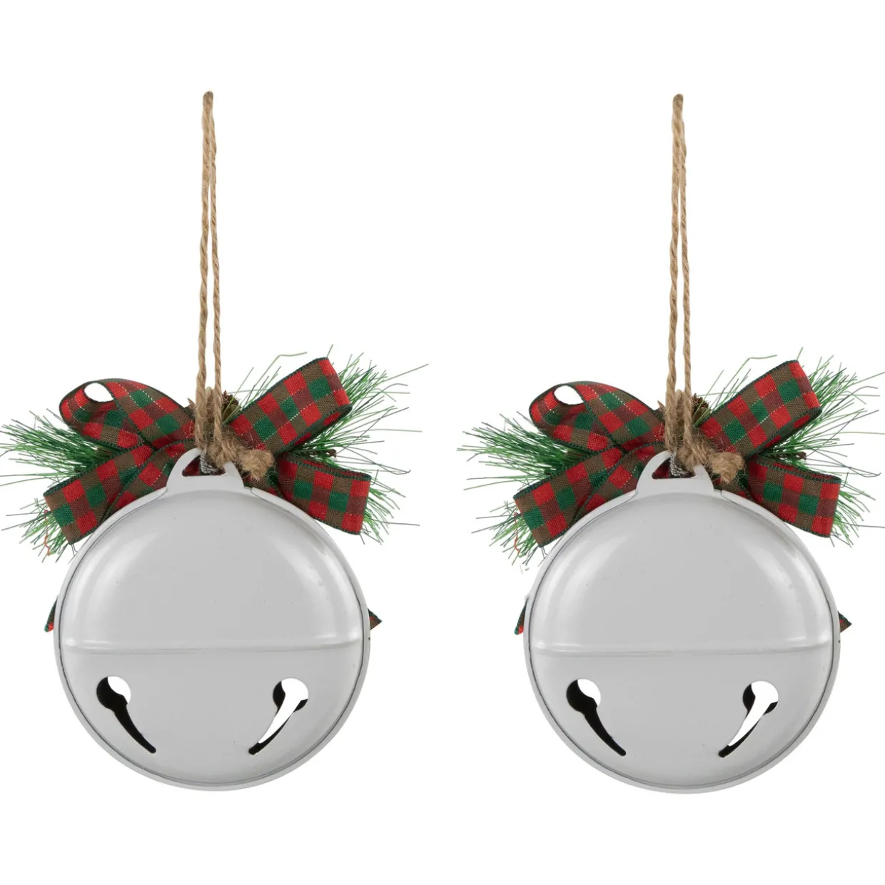 Jingle Bells with Bow and Pinecones Christmas Disc Ornaments - White - 5" - Set of 2