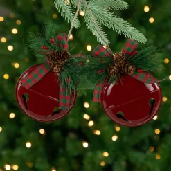 Jingle Bells with Bow and Pinecones Christmas Disc Ornaments - Red - 5" - Set of 2
