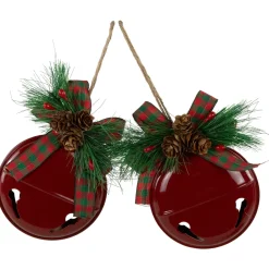 Jingle Bells with Bow and Pinecones Christmas Disc Ornaments - Red - 5" - Set of 2