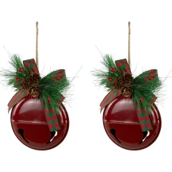Jingle Bells with Bow and Pinecones Christmas Disc Ornaments - Red - 5