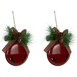 Jingle Bells with Bow and Pinecones Christmas Disc Ornaments - Red - 5