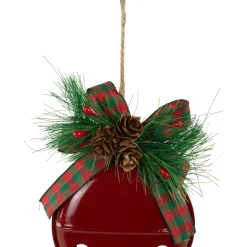 Jingle Bells with Bow and Pinecones Christmas Disc Ornaments - Red - 5
