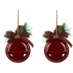 Jingle Bells with Bow and Pinecones Christmas Disc Ornaments - Red - 5