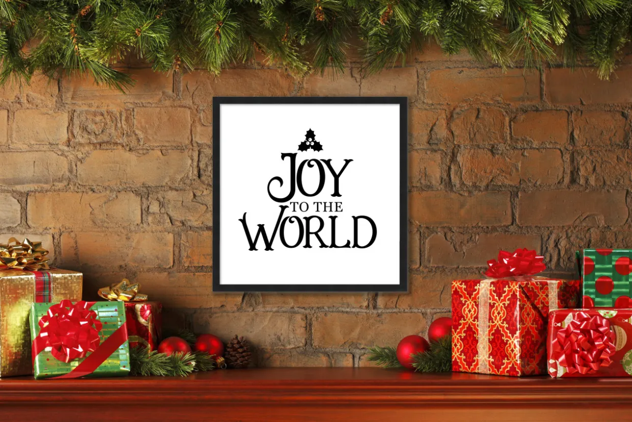 Joy to the World 15.5" x 15.5" Framed Christmas Wall Decor Art Print Sign Poster in a Black Wooden Frame with UV Acrylic and Hangers