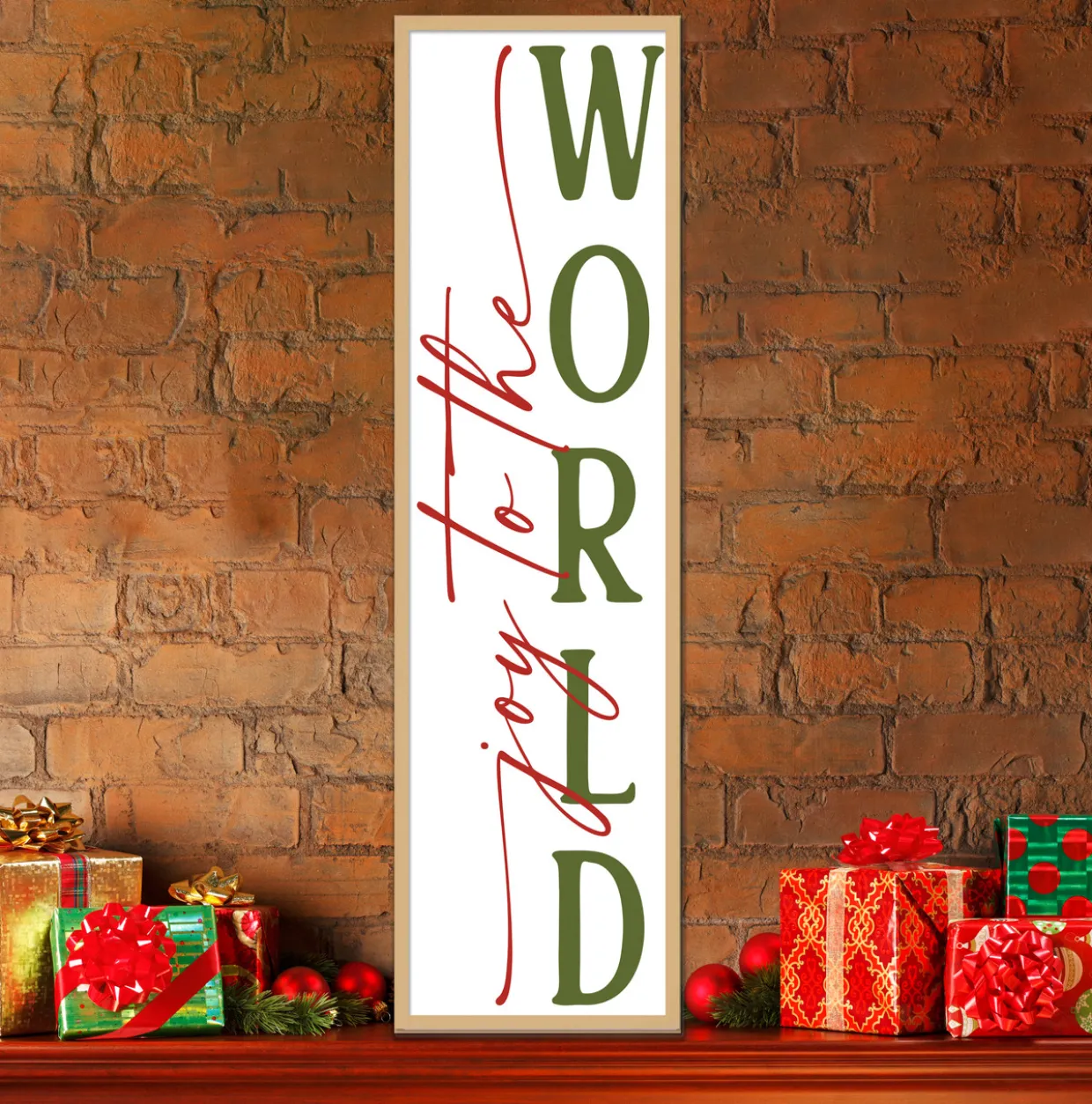Joy to the World Tall 12.5" x 43.5" Framed Christmas Wall Decor Art Print Sign Poster in a Natural Wooden Frame with UV Acrylic and Hangers