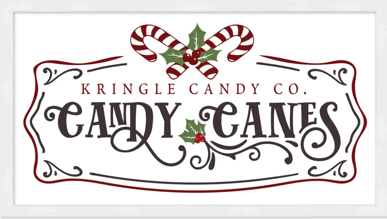 Kringle Candy Co Candy Canes 11.5" x 21.5" Framed Christmas Wall Decor Art Print Sign Poster in a Natural Wooden Frame with UV Acrylic and Hangers