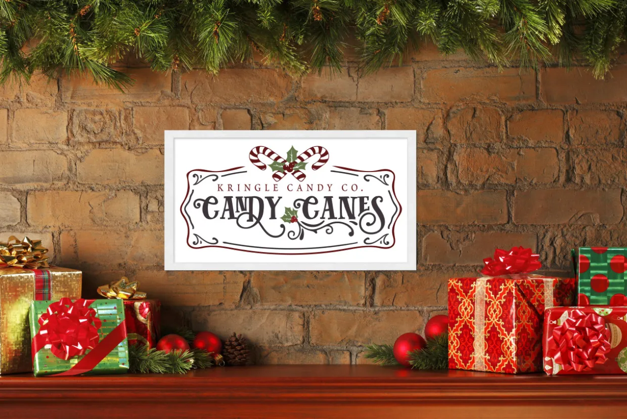 Kringle Candy Co Candy Canes 11.5" x 21.5" Framed Christmas Wall Decor Art Print Sign Poster in a Natural Wooden Frame with UV Acrylic and Hangers