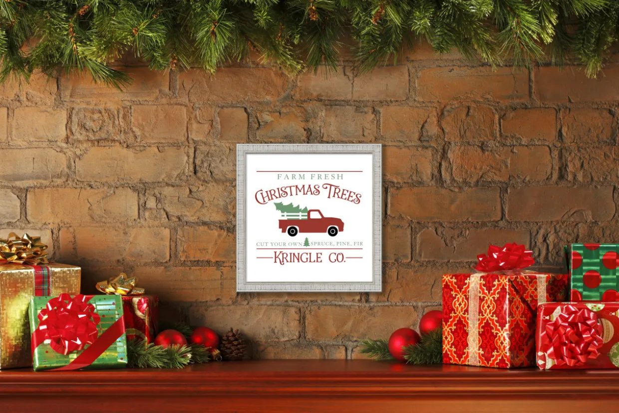 Kringle Company Tree Farm 11.5" x 11.5" Framed Christmas Wall Decor Art Print Sign Poster in a White Wooden Frame with UV Acrylic and Hangers