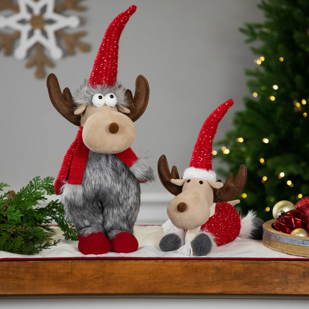 Laying Plush Moose Christmas Figure - 12" - Red and White